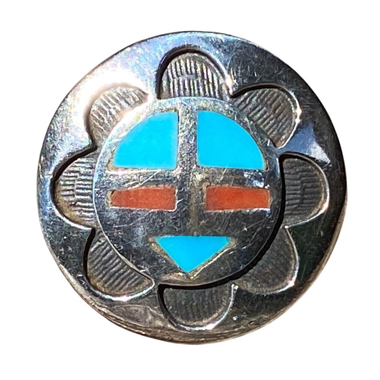 DEAD PAWN SOUTHWEST CORAL TURQUOISE INLAY STERLING SILVER SUN FACE RING SZ 5 1/2