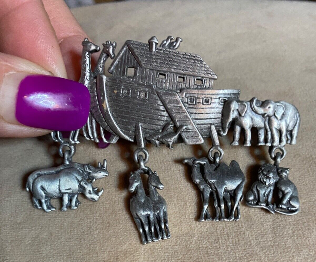 Vintage JJ Jonette Silver Tone Dangling Animals Noah's ark Pin Brooch 2 3/4"