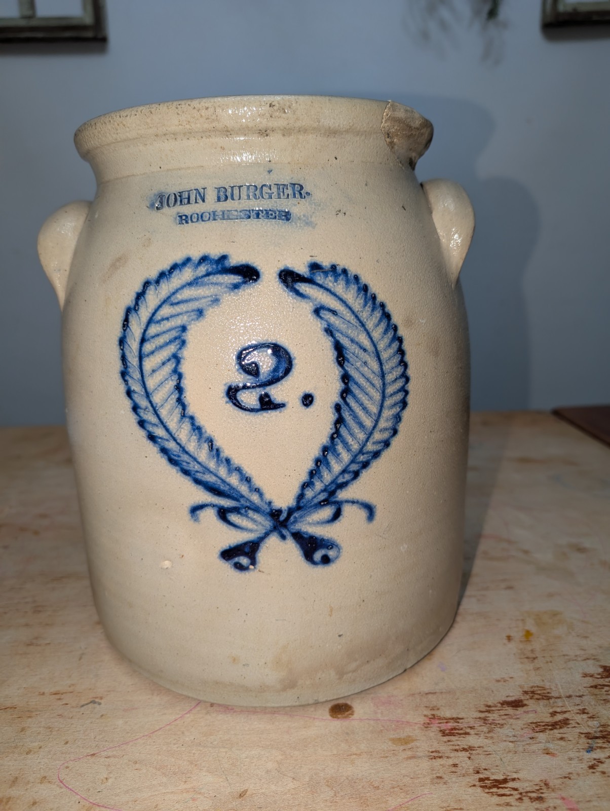 Primitive John Burger Salt Glazed Stoneware Churn 2 Gallon Cobalt Wreath Early