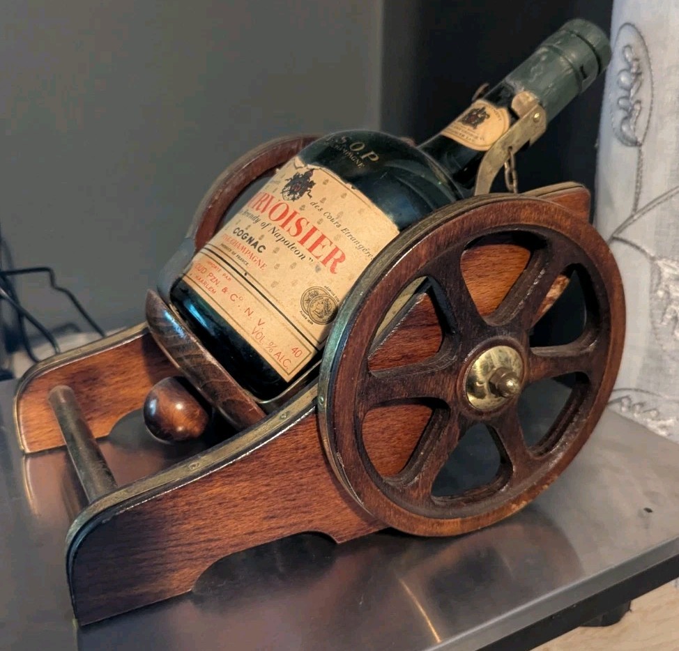 Vintage Courvoisier Cognac Wood Brass Cannon Bottle Holder Stand w/ Empty Bottle