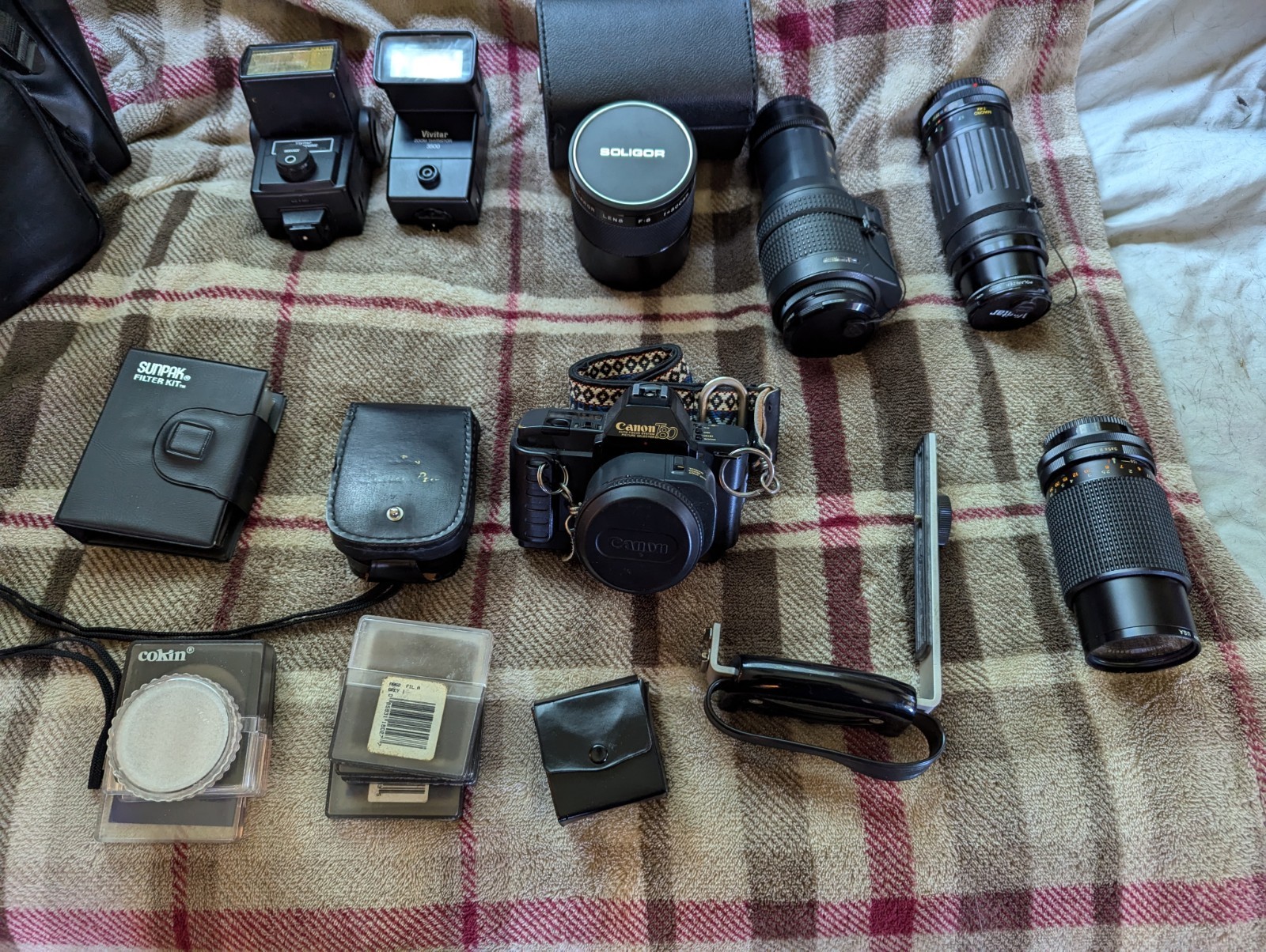 Canon T80 Film Camera with Lens, Flash, Filter, and Camera Bag Lot