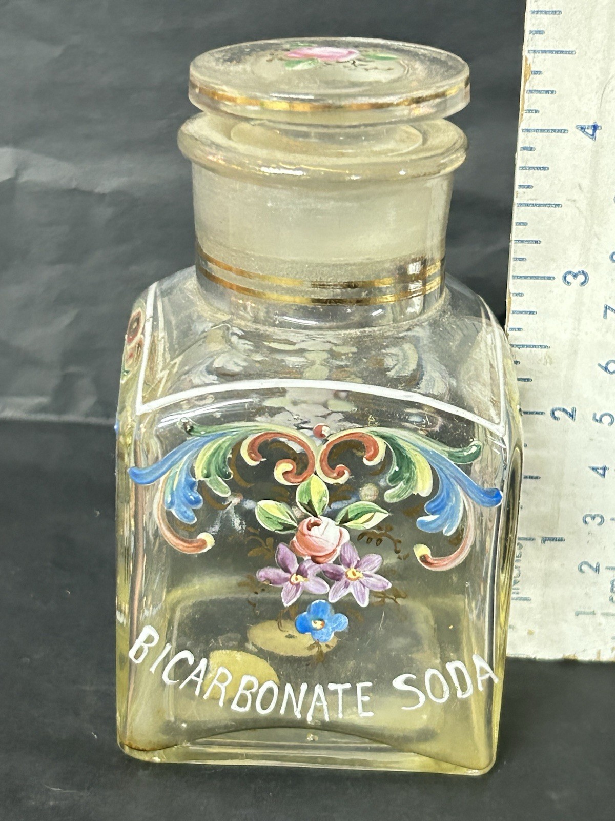 Antique Czech Apothecary Square Glass Bottle Hand Painted Jar Sodium bicarbonate