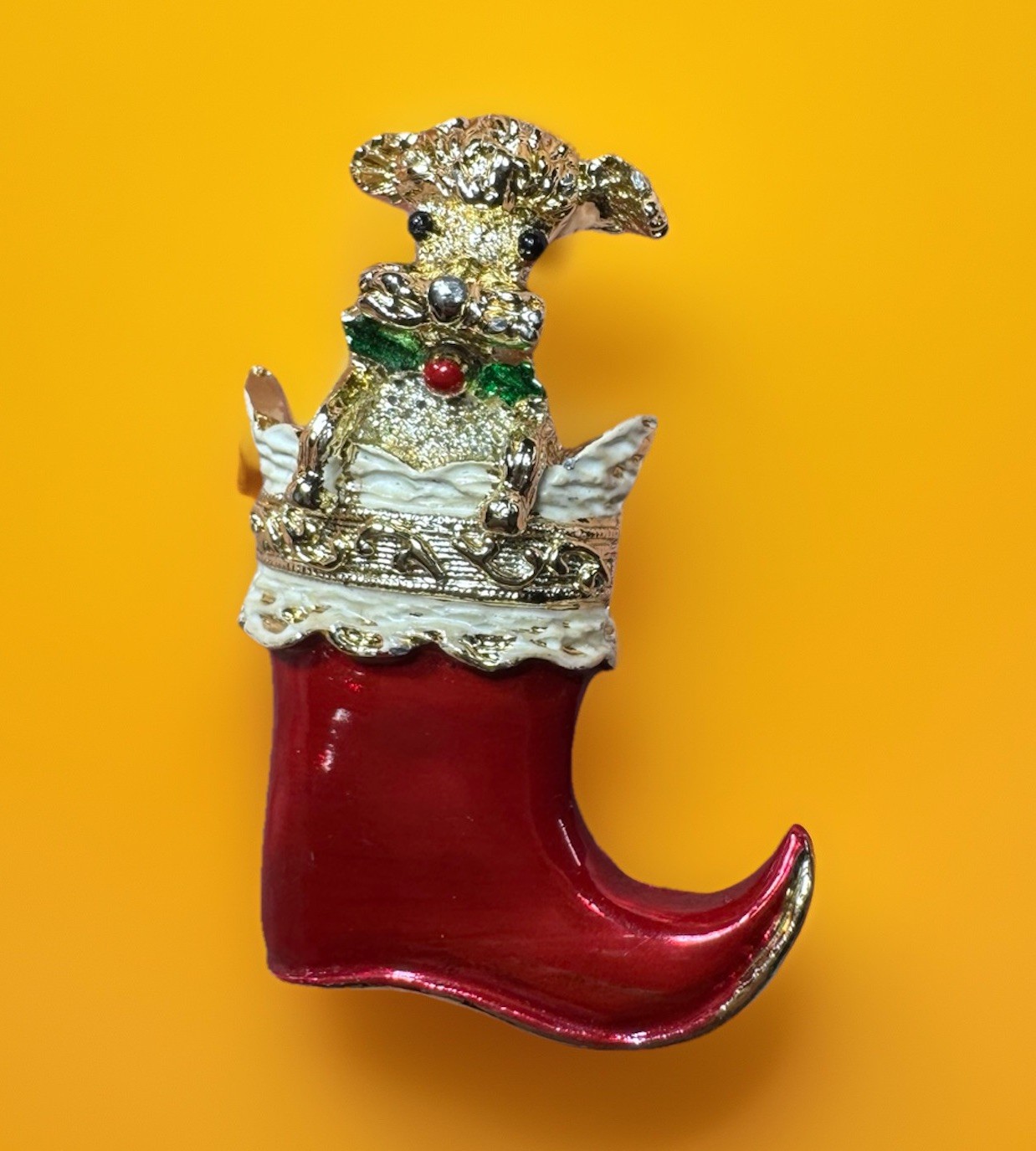 Vintage 1960s Gerry's Brooch Christmas Holiday Enamel Stocking Poodle Dog 1.75”