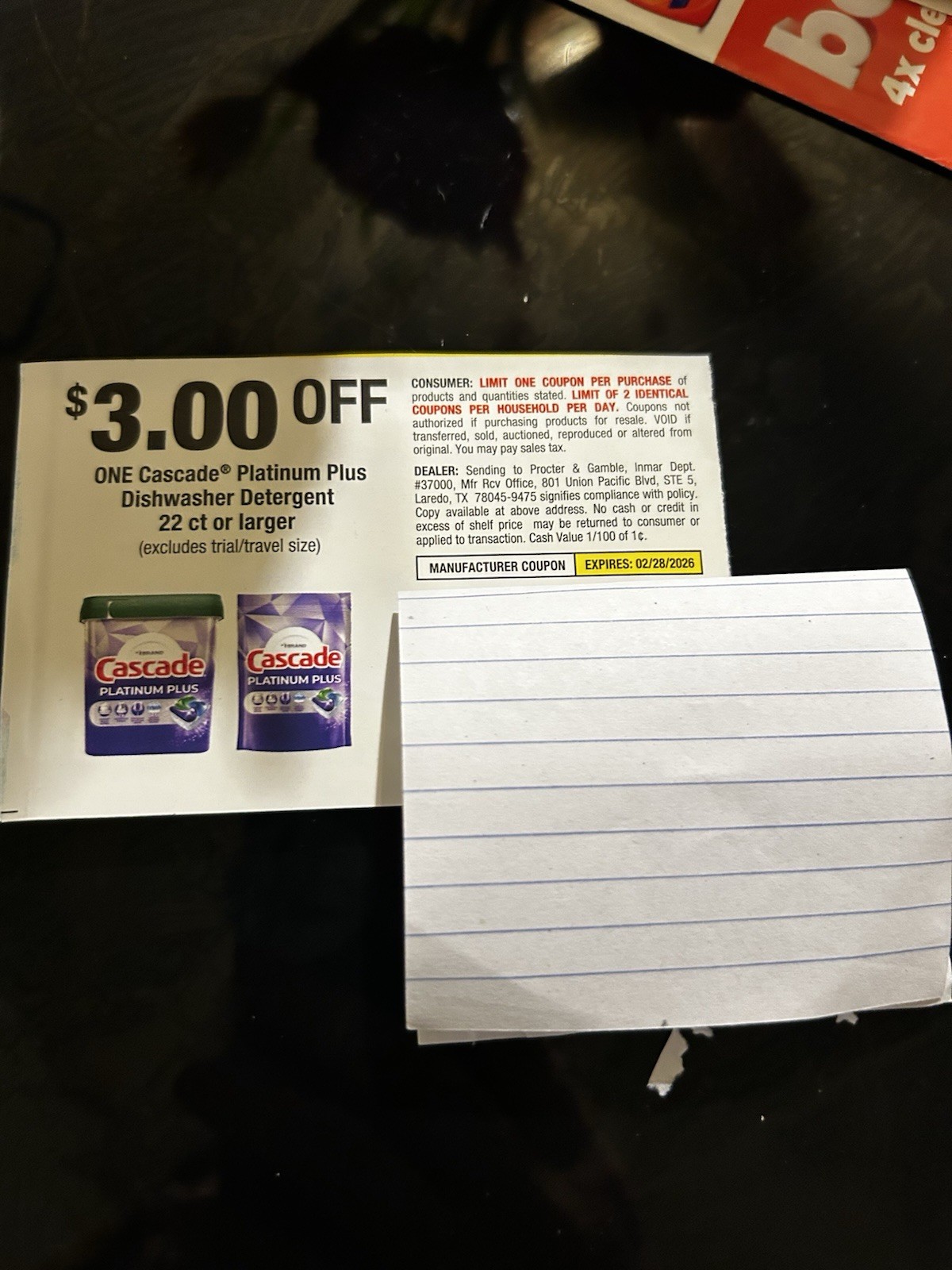 Cascade $3 Off Platinum Plus Dishwasher Detergent Coupon Exp. 02/28/2026