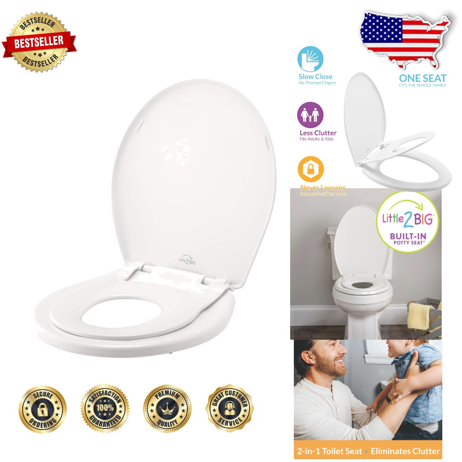 Little2Big Round Toilet Seat: Built-in Potty Training, Slow Close, White Plastic