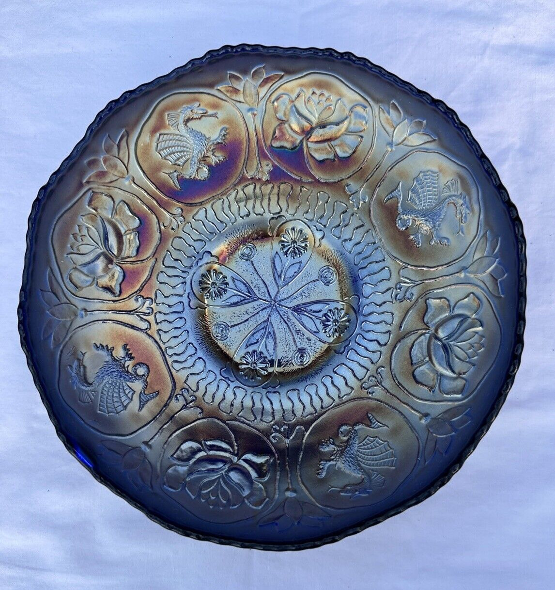 Antique FENTON Carnival Glass DRAGON & LOTUS Ice Cream Bowl in Electric BLUE