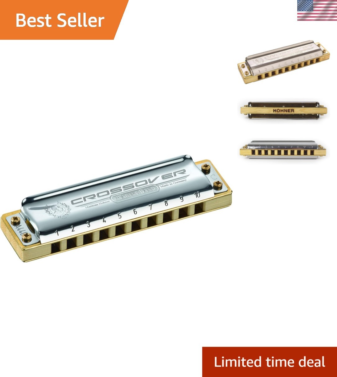 Hohner Marine Band Crossover Harmonica Key of C Stainless Steel Bamboo Pack