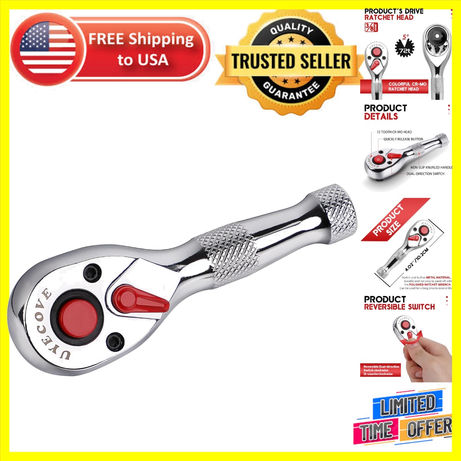 Ergonomic 3/8'' Drive Ratchet Wrench - Reversible & Colorful, 72 Teeth