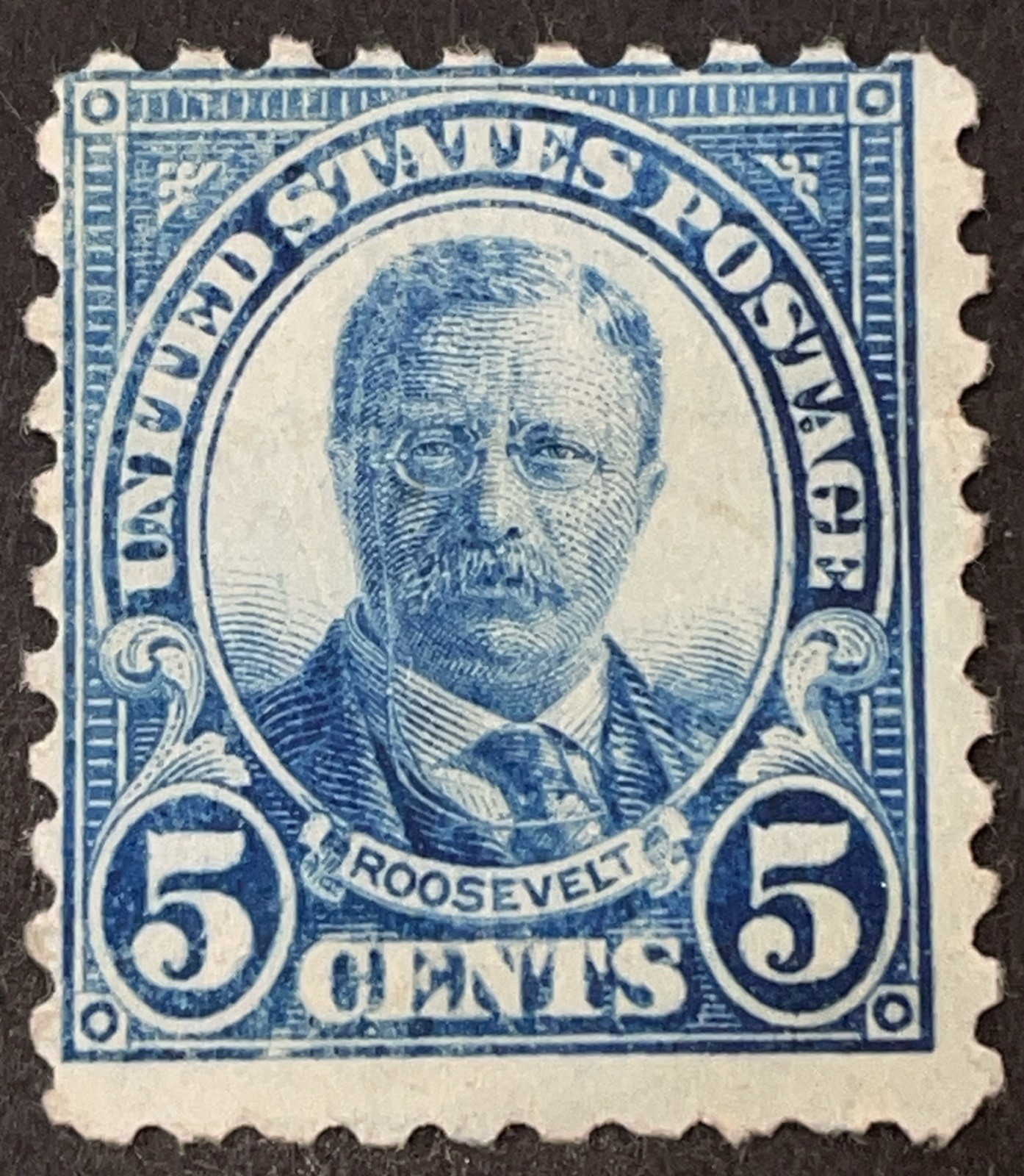 US Scott # 586 Used;  5c; Roosevelt; No Cancellation; All Perfs Intact; NH