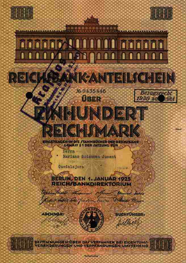 Deutsche Reichsbank 1925 Berlin share note 100 RM central bank Hjalmar Schacht