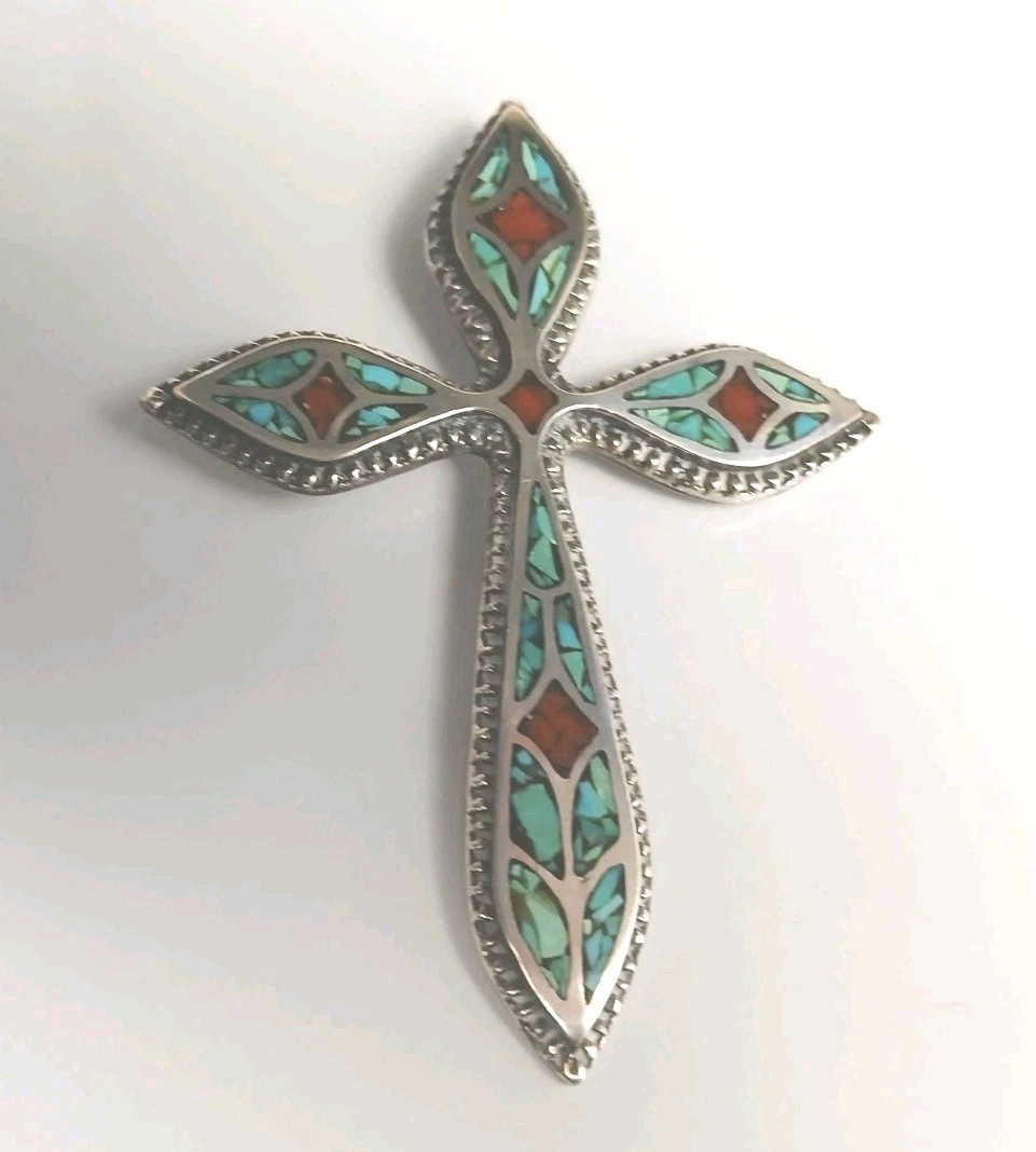 Sterling Handmade Turquoise & Coral Cross Pendant