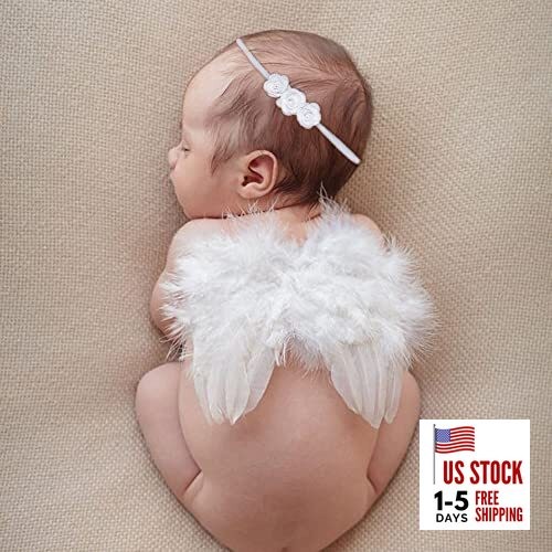 Newborn Photo Props, Angel Feather Wings Flower Headband Set,  White Infant 