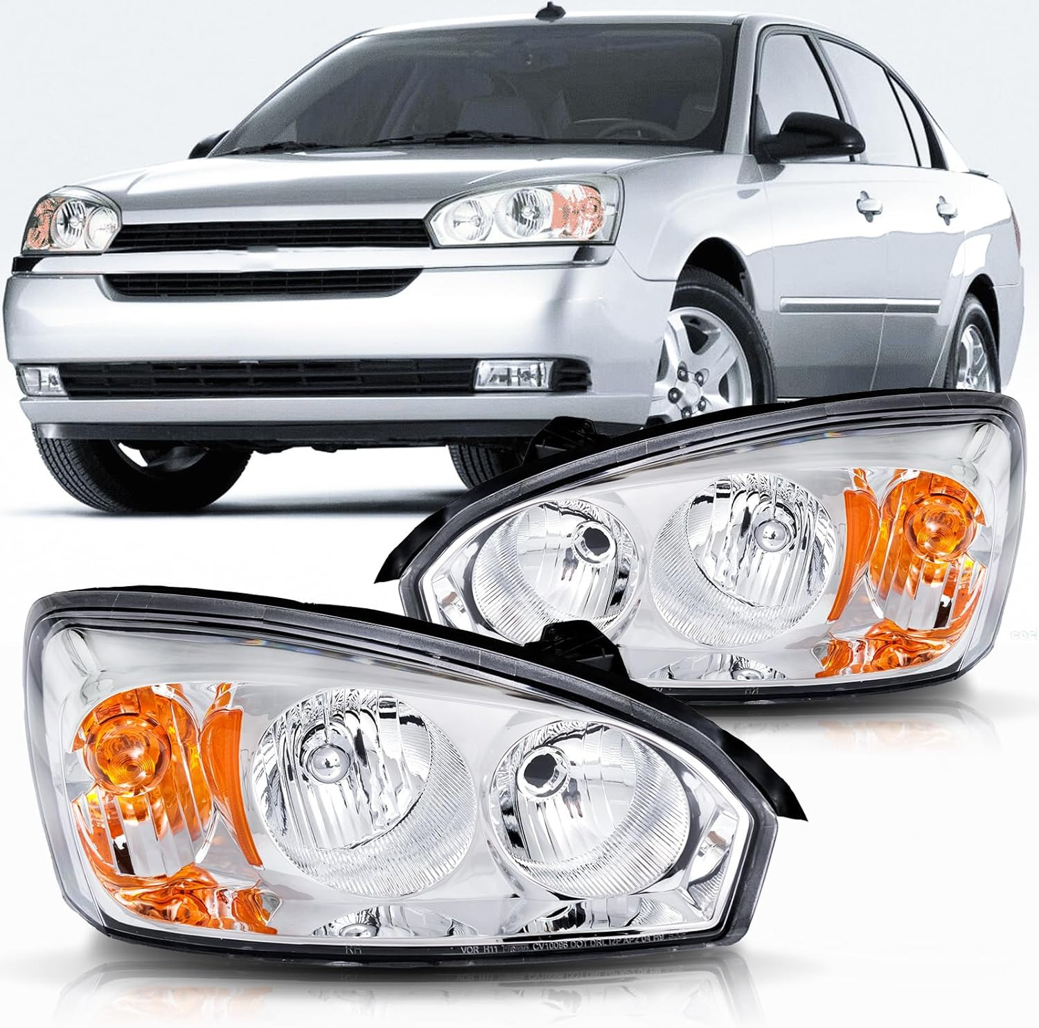 Headlight Assembly Chrome Amber Compatible with 2004 2005 2006 2007 Chevy Malibu