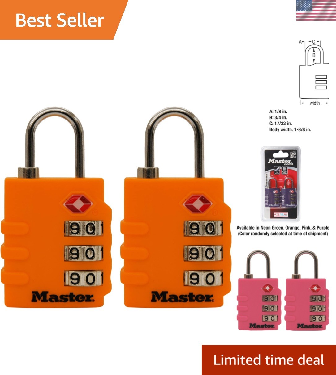 4684T Set Your Own Combination TSA Approved Luggage Lock, 1-3/8 in. Wide, Col...