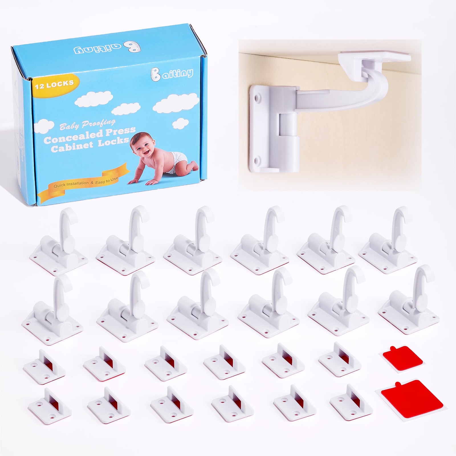 Invisible Baby Proofing Cabinet Latch Locks (12 Pack) - No Drilling or Tools ...