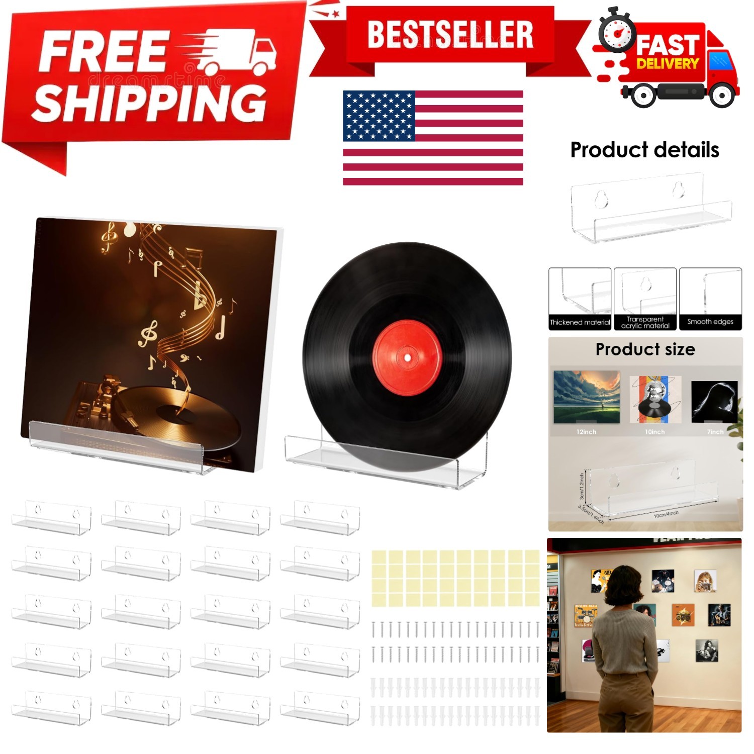 20 Pack Vinyl Record Shelf Wall Mount, 4in Clear Acrylic Album Holder, Self A...