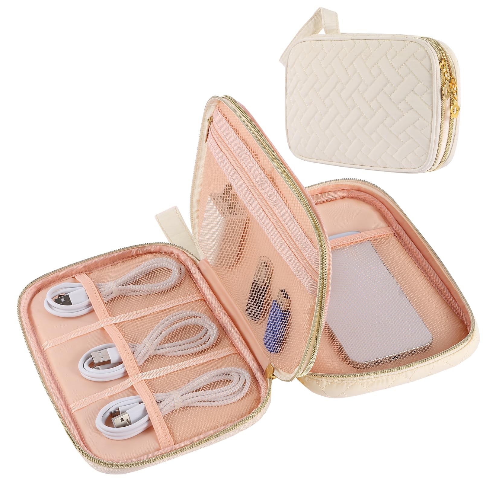 Electronics Organizer Travel Case, Charger Bag Cord Small-Double Layer, Beige 