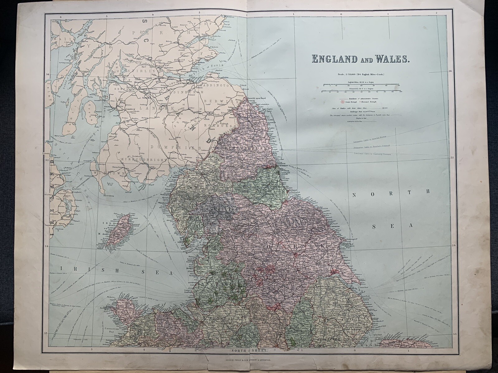 1895 North of England Large Original Antique Map by George Philip 69 cm x 54 cm