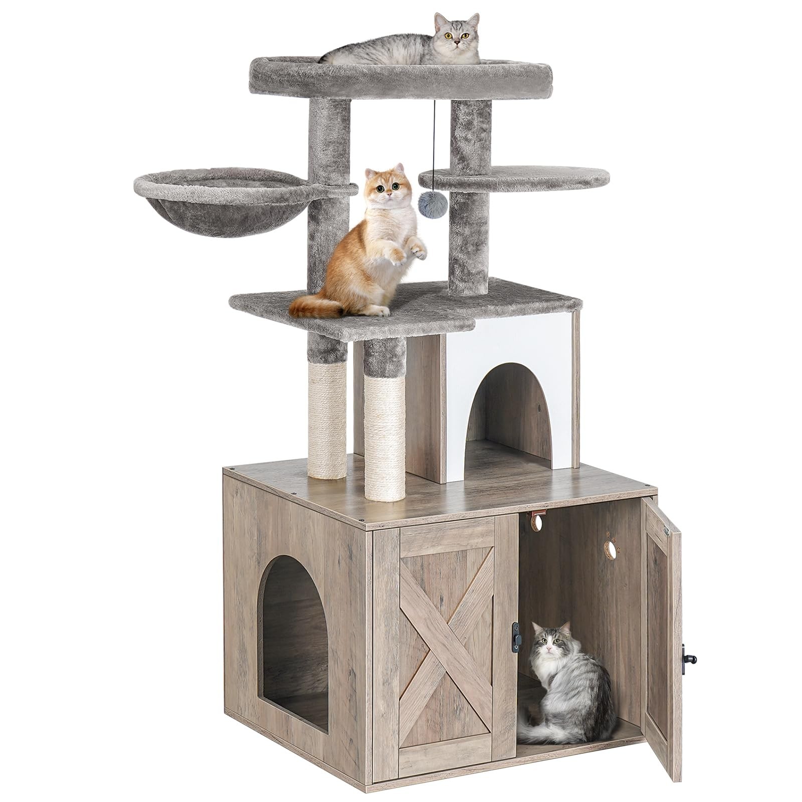 Cat Litter Box Enclosure Grey with Tree Tower Condo Sisal Scratching Post Hidden