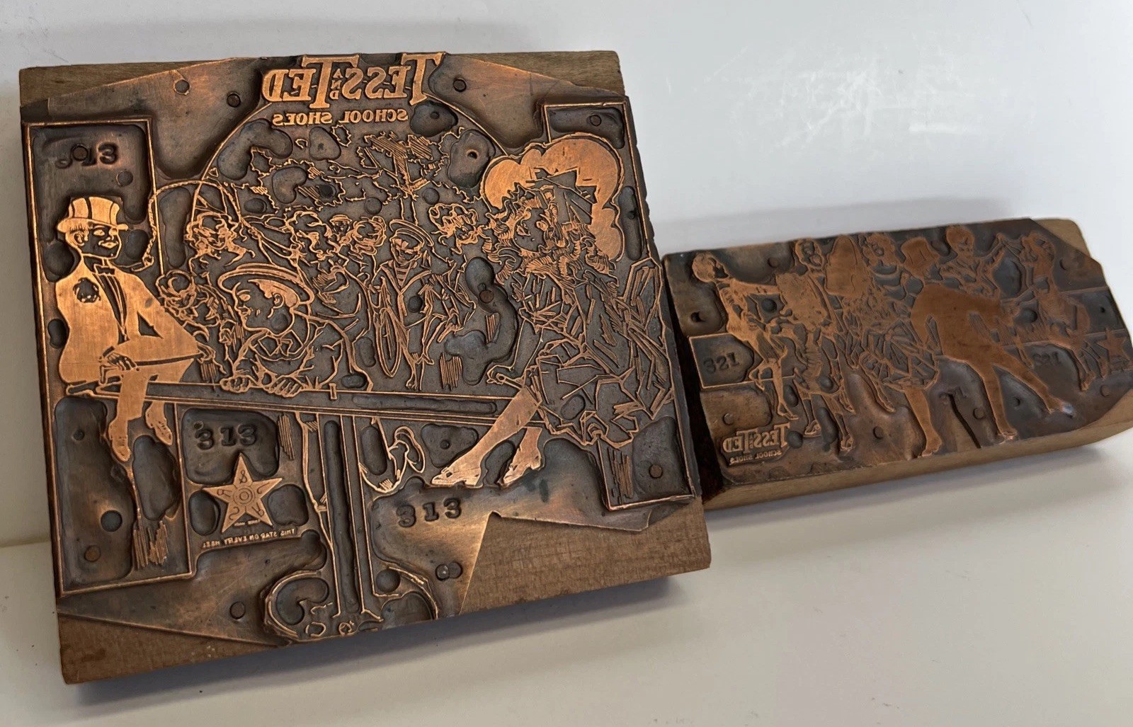 Antique Tess & Ted School Shoes Letterpress Printing Block Plates Set Of 2 1910