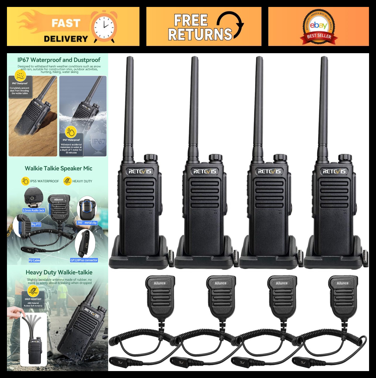 Waterproof 2 Way Radios - Heavy Duty Walkie Talkies, License-Free, Dustproof, 4