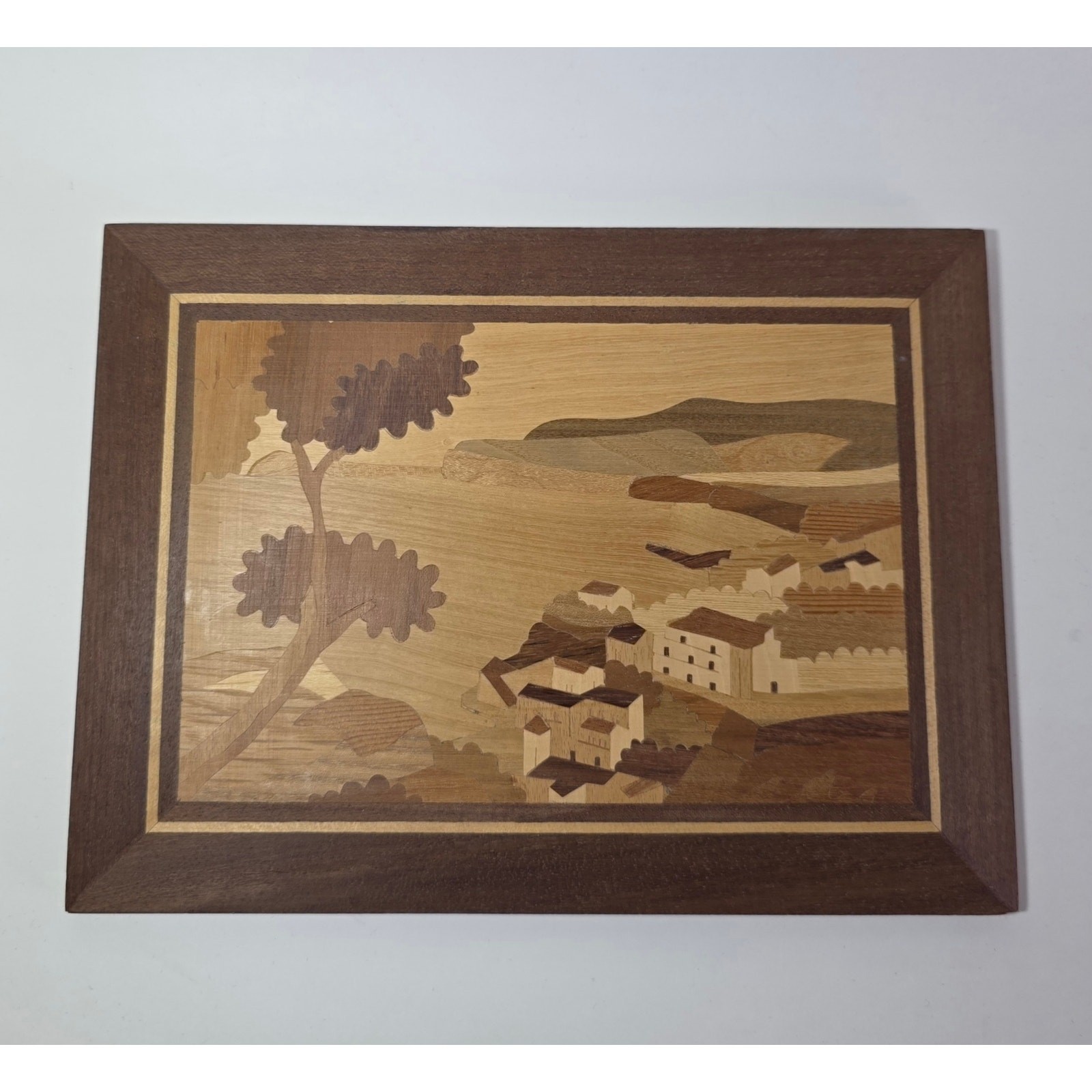 Vintage Italian Wood Inlay Marquetry Village Landscape Wall Plaque