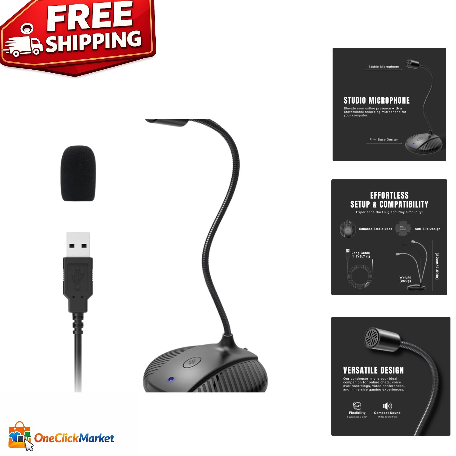 Professional Gooseneck USB Microphone with Mute Button for Streaming & Gaming