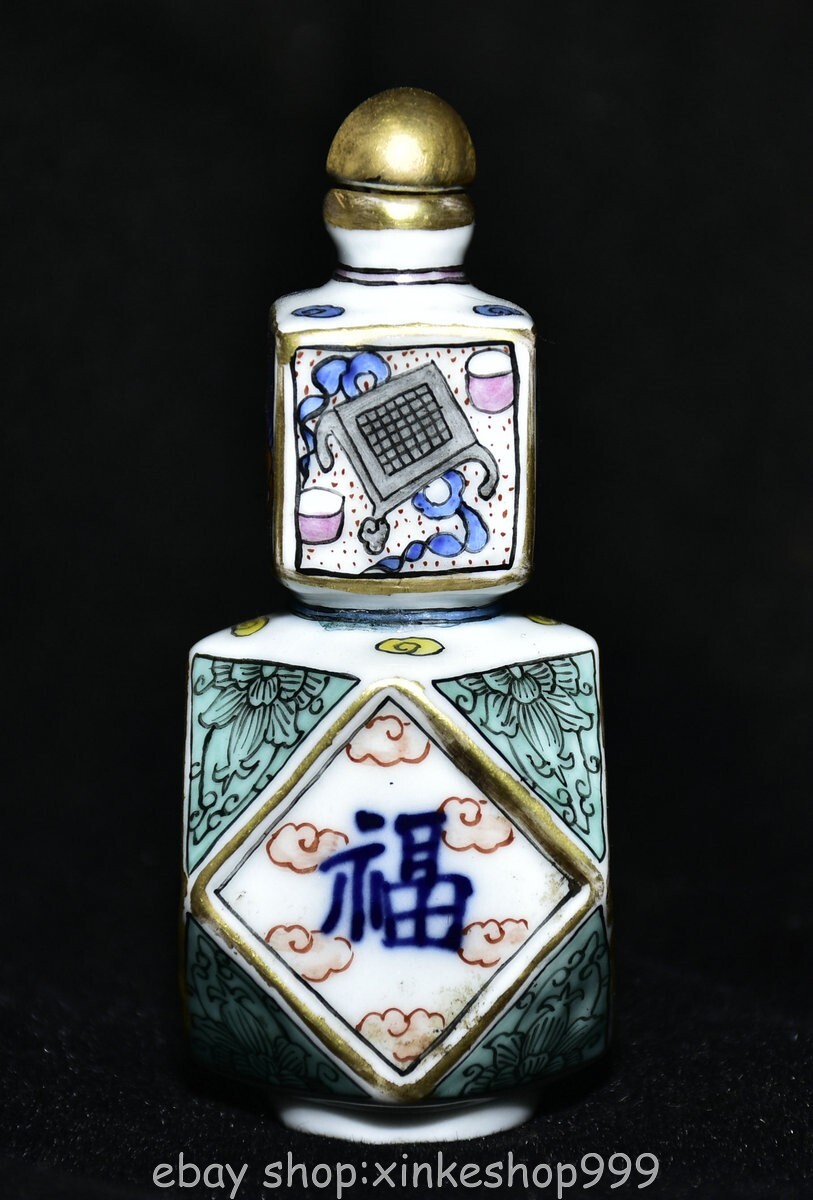 3.4" Qianlong Chinese Colour enamel Porcelain Flower “福禄寿喜” Snuff bottle box