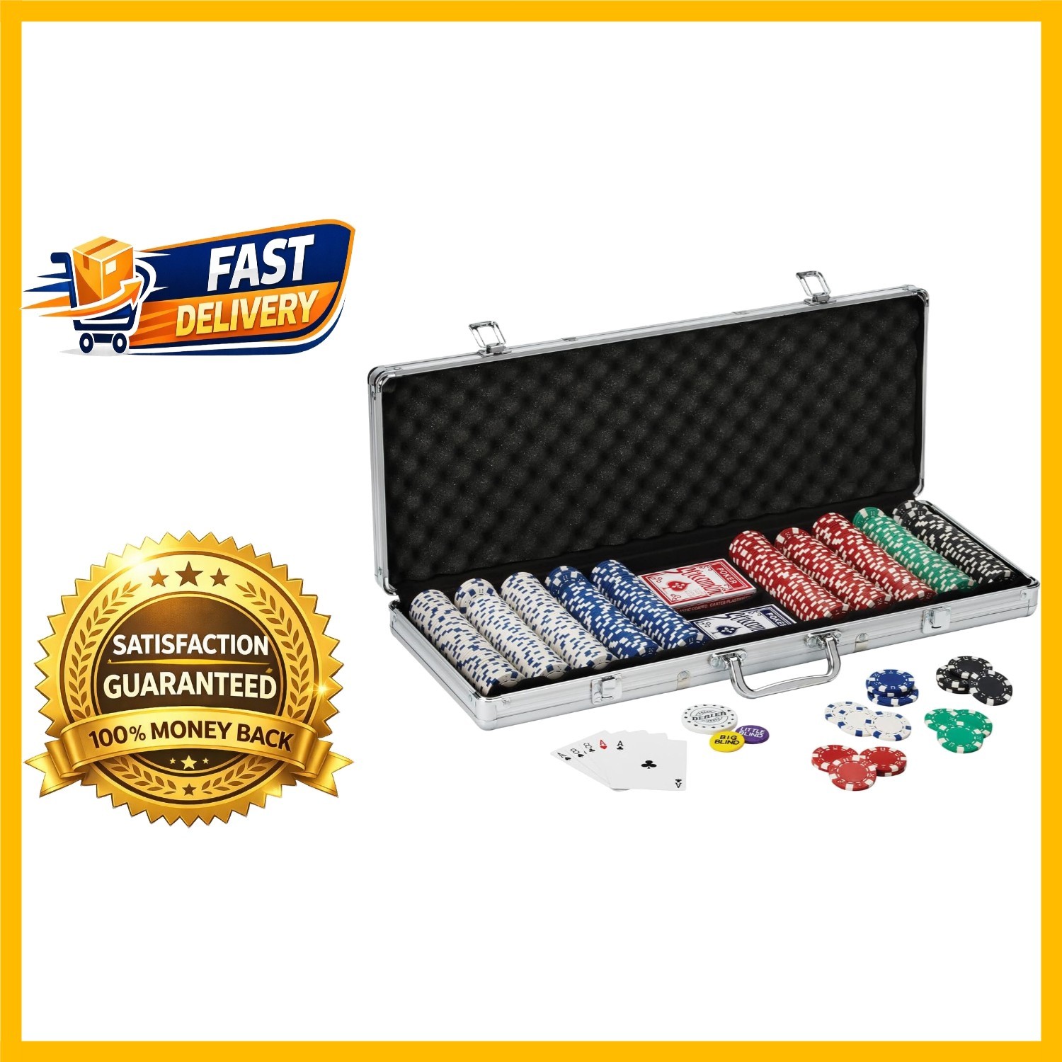 Texas Hold'em Poker Chip Set: 500 Striped Chips & Aluminum Case for 2-8 Players
