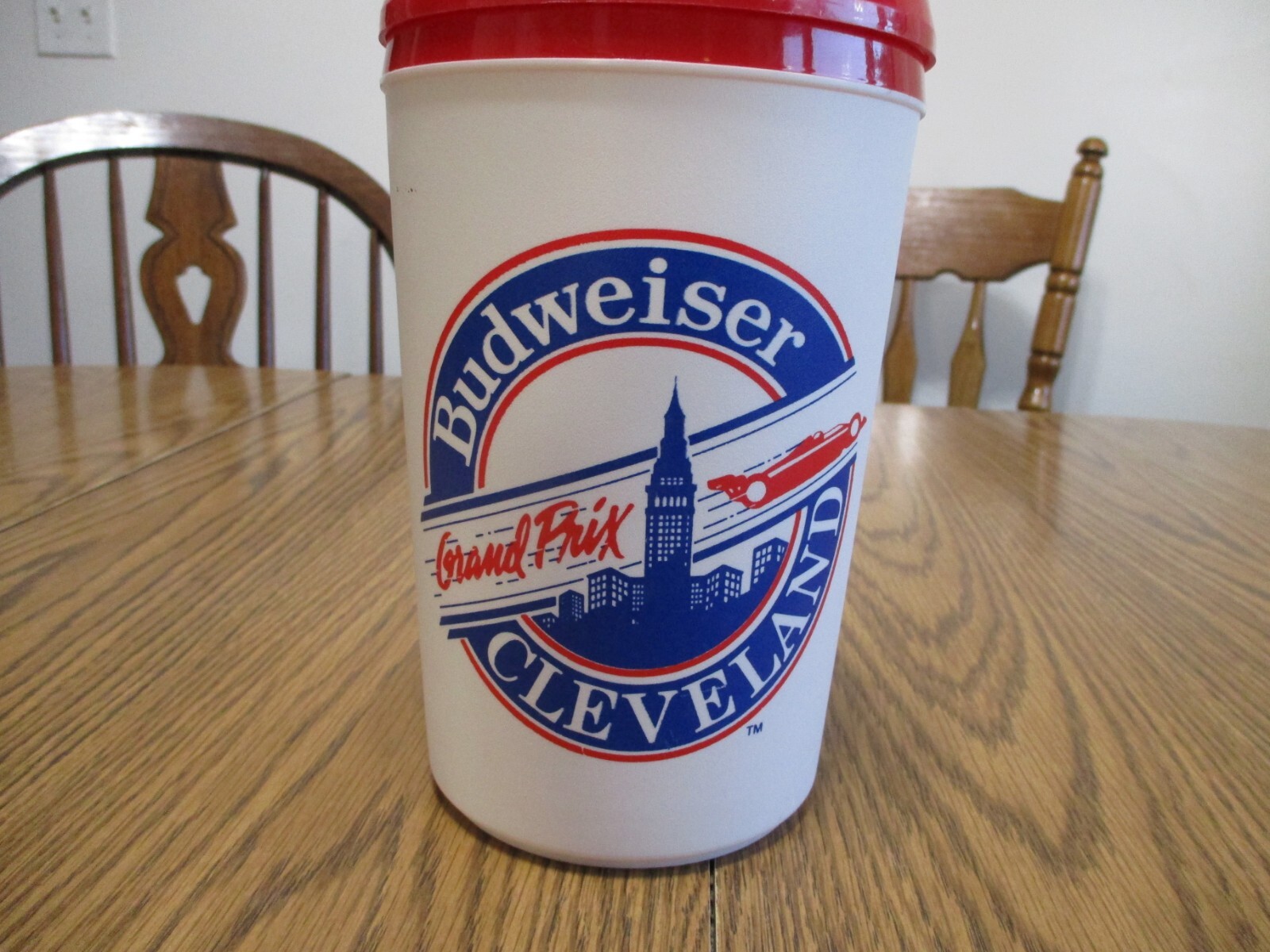 RARE BUDWEISER CLEVELAND GRAND PRIX  ALADDIN COFFEE MUG TRAVEL  CONTAINER INDY