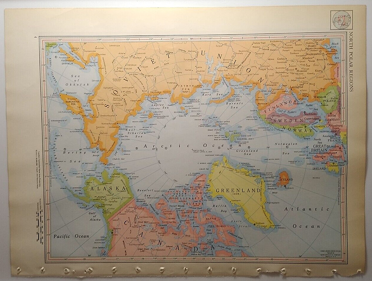 1957 Vintage NORTH POLAR REGION Atlas Map Antique MCM Encyclopedia Britannica