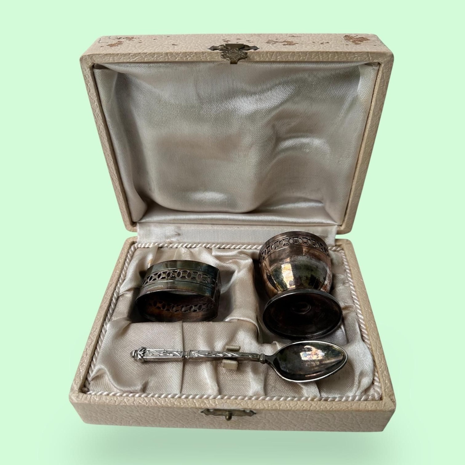 French Vintage Silver Plated Egg Cup Set: Spoon, Napkin Ring, Original Box