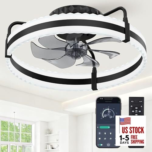Ceiling Fan with Lights, 20'' Low Profile Ceiling Fans, 3000-6500K Black