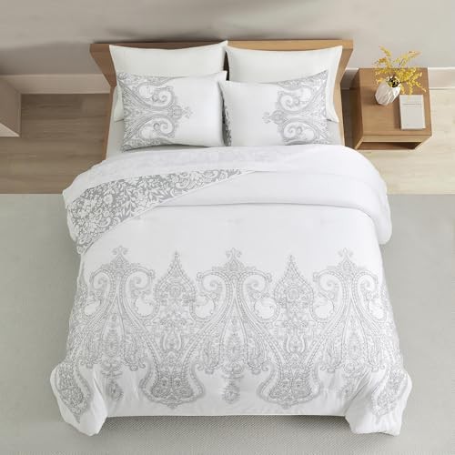  Reversible Comforter Set, Brushed Microfiber Fabric with Queen Grey White