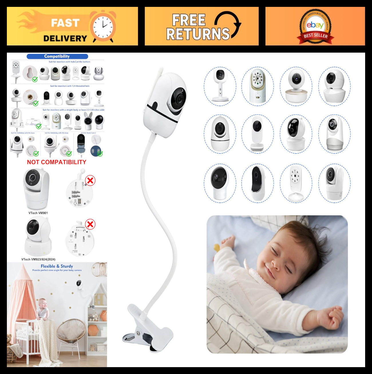 Universal Flexible Baby Monitor Clip Mount for Infant Cameras - Adjustable 1/4"
