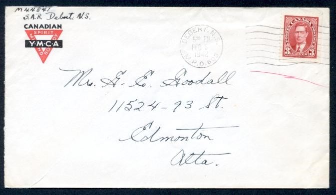 CANADA DEBERT NS MPO 603 1942 YMCA c/c