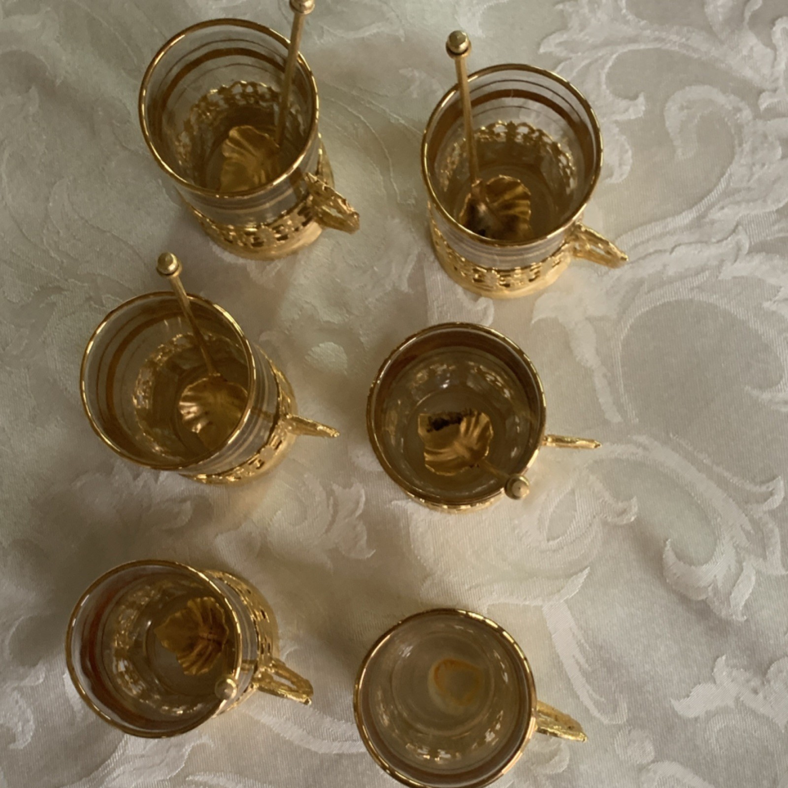Set of 6 Gold Metal and Glass Tea Glasses with Spoons, Glossy Finish