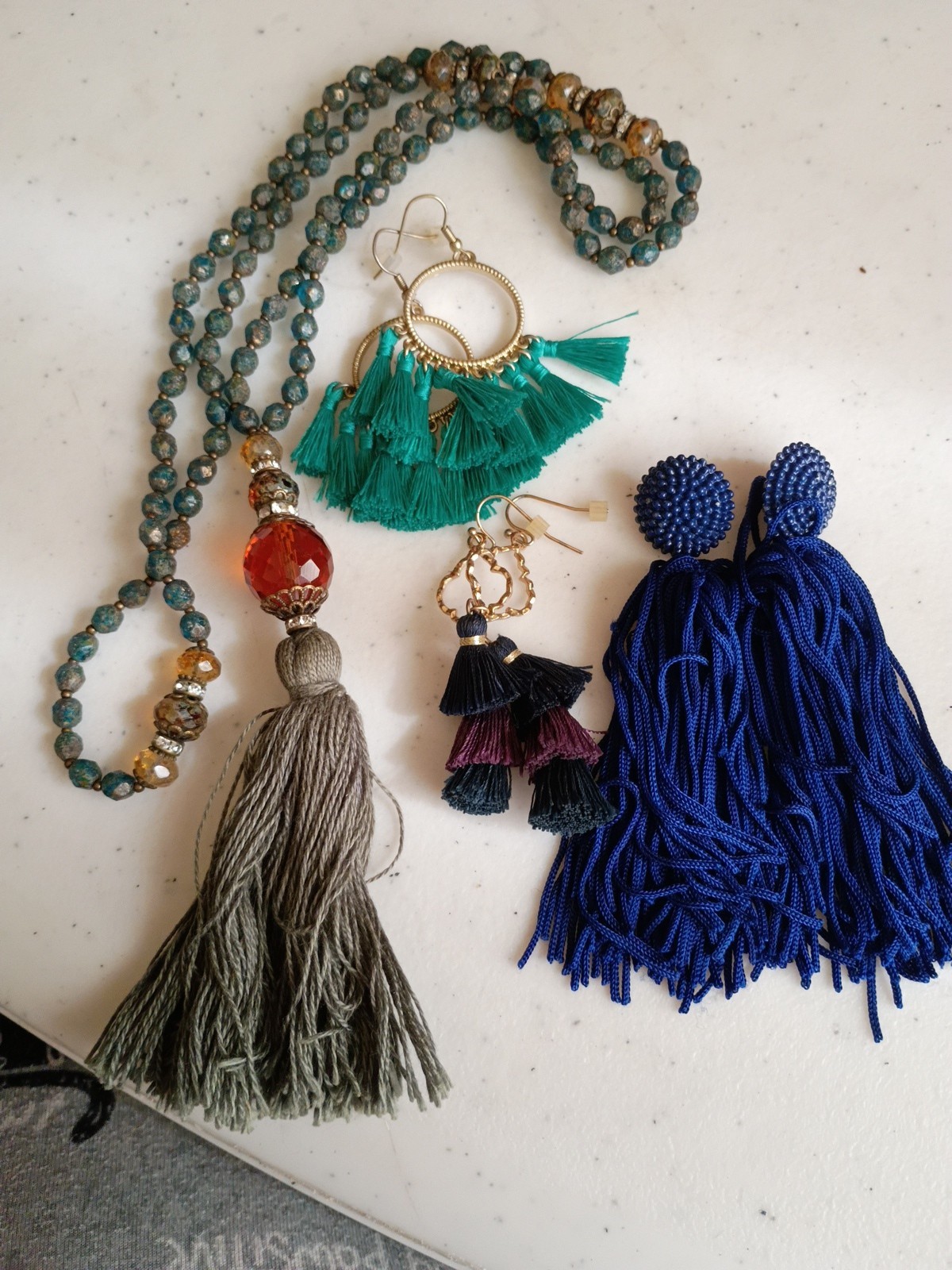 Y2K Tassle Earrings and Necklace Teal Blue Gold Tone