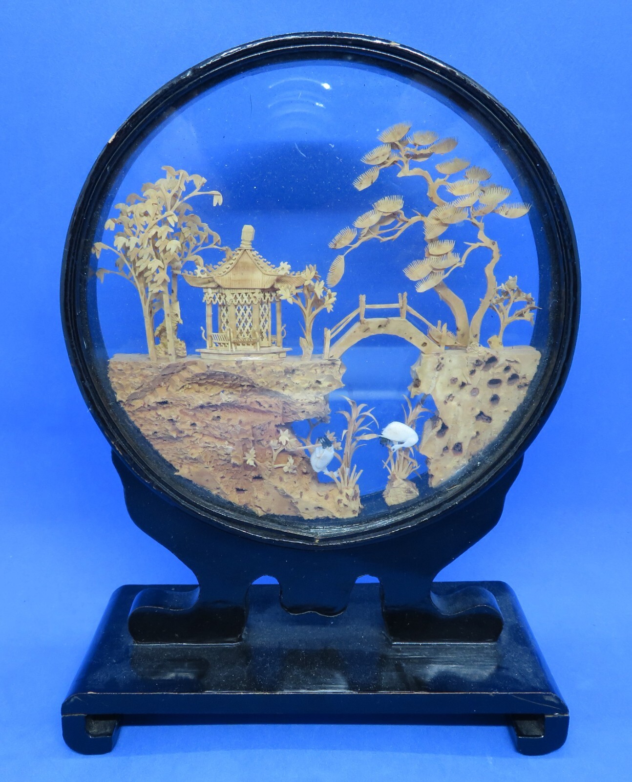 Chinese glass cased vintage Art Deco oriental antique oval diorama carving