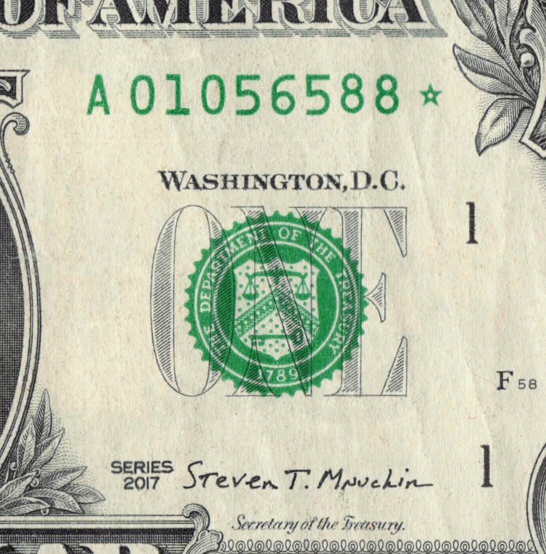 Series 2017 Star Note  A Boston 3.2 M Pack Run DC  $1 Dollar Bill  A01056588*