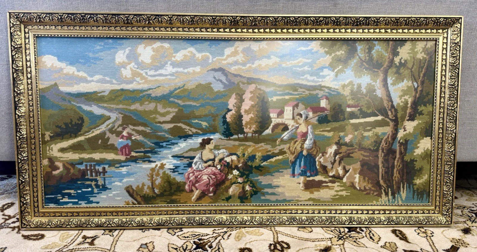 Magnificent Gilt Framed Antique French Needlepoint Rare Panoramic Tapestry