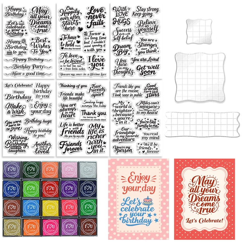 6 Pcs Greeting Words Clear Stamps for Card Making Supplies 20 Ink Pad 3 Acryl...