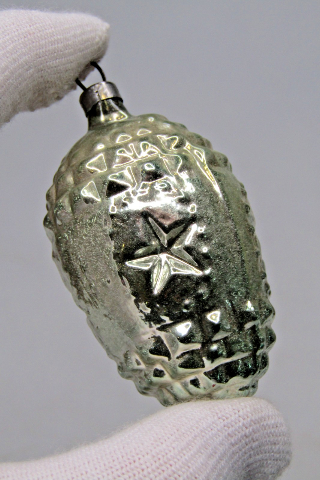 VTG Glass STAR Embossed Spiky Outdent PINECONE Christmas Ornament Germany Silver