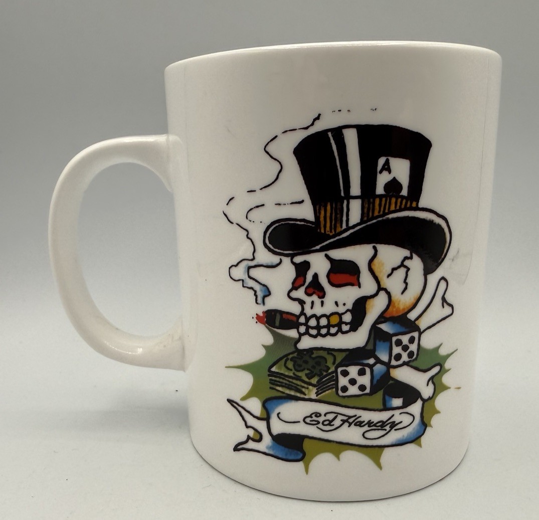 Ed Hardy Mug With Skull & New York City Dead Man Gambler Skeleton Smoking