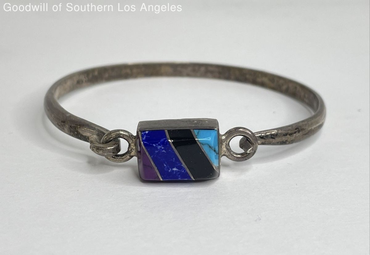 Mexico 925 Sterling Silver Stone Inlay Cuff Bracelet - 15.4g