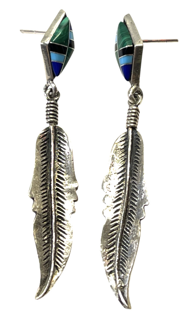 Vintage Native American cast stelring silver feather drop dangle inlay earrings