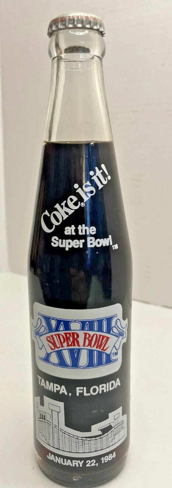 Vintage 1984 Super Bowl 18 XVIII Tampa FL Full 10 oz Football Coke Bottle Jan 22