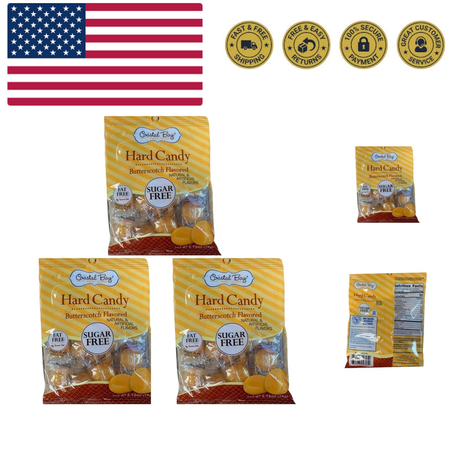 Coastal Bay Sugar Free Butterscotch Flavored Hard Candy, 3 bags