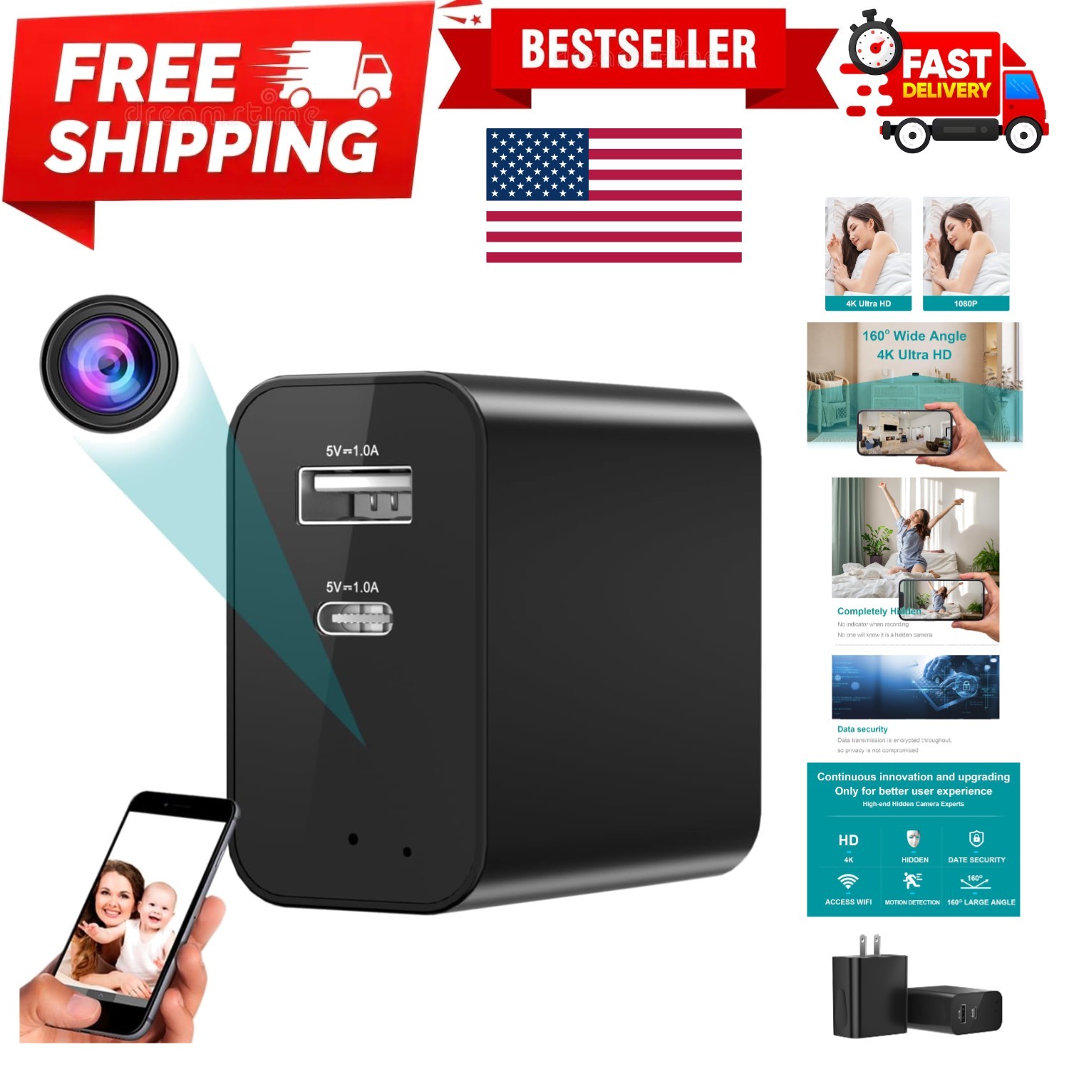 160° Wide Angle 4K HD Charger Camera Not Support 5G WiFi