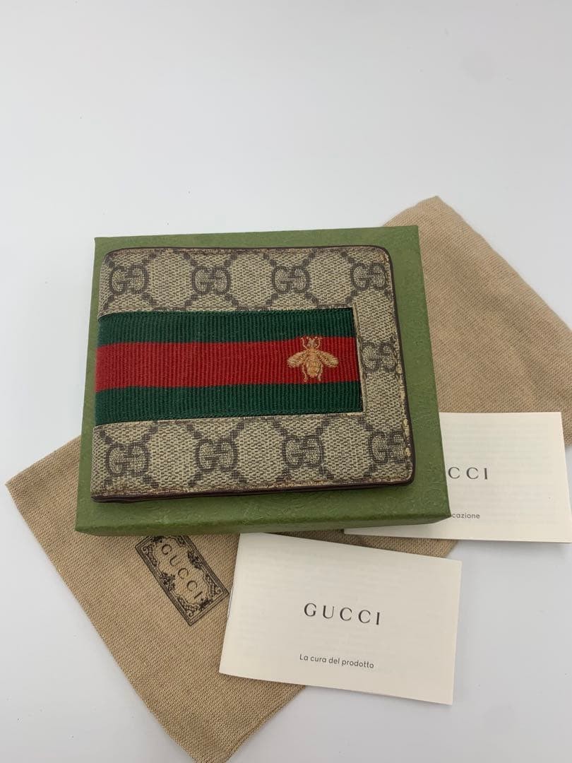 GUCCI GG Supreme Bee Bifold Wallet Beige Men's Auth